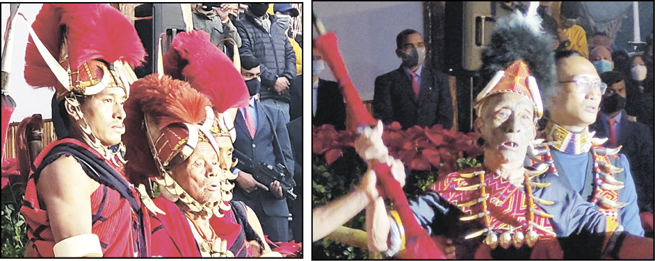 (Left) K Lakiumong and (Right) Mannyem Wangnao pronounced the traditional blessing and festival blessing respectively, during the opening ceremony of Hornbill Festival at Naga Heritage Village, Kisama on December 1. (Morung Photo)